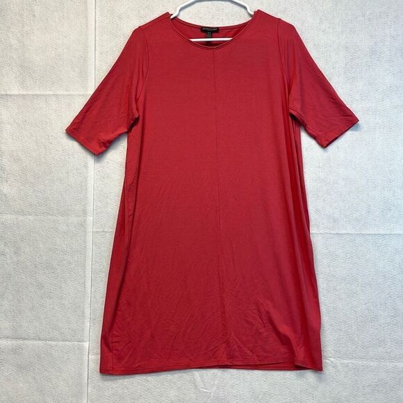 EILEEN FISHER Dress Stretch Jersey Knit Scoop Neck Red PL Petite Large Shift EUC - Picture 1 of 10